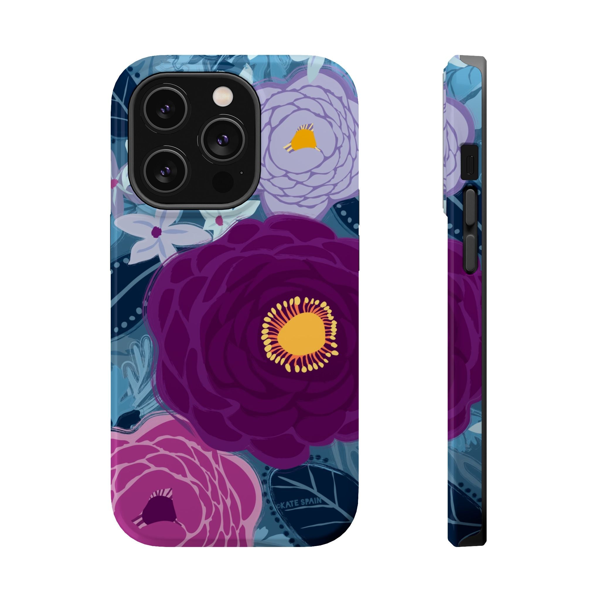 Bloomerie MagSafe iPhone 14 Pro Case – Glossy | navy, purple, magenta botanical peony floral print