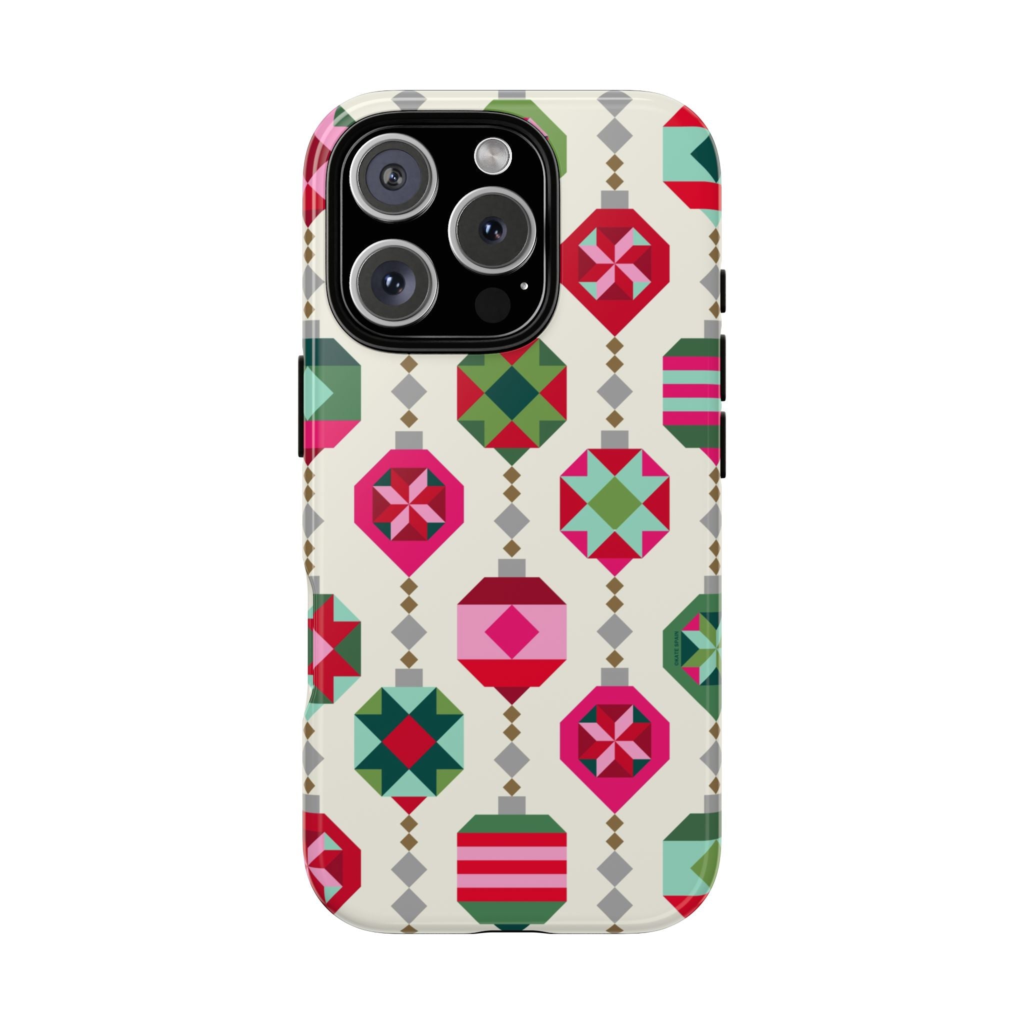 Felicity Ornaments Tough iPhone 16 Pro Case – Glossy | cream, red, pink, green, mint geometric quilted ornament print