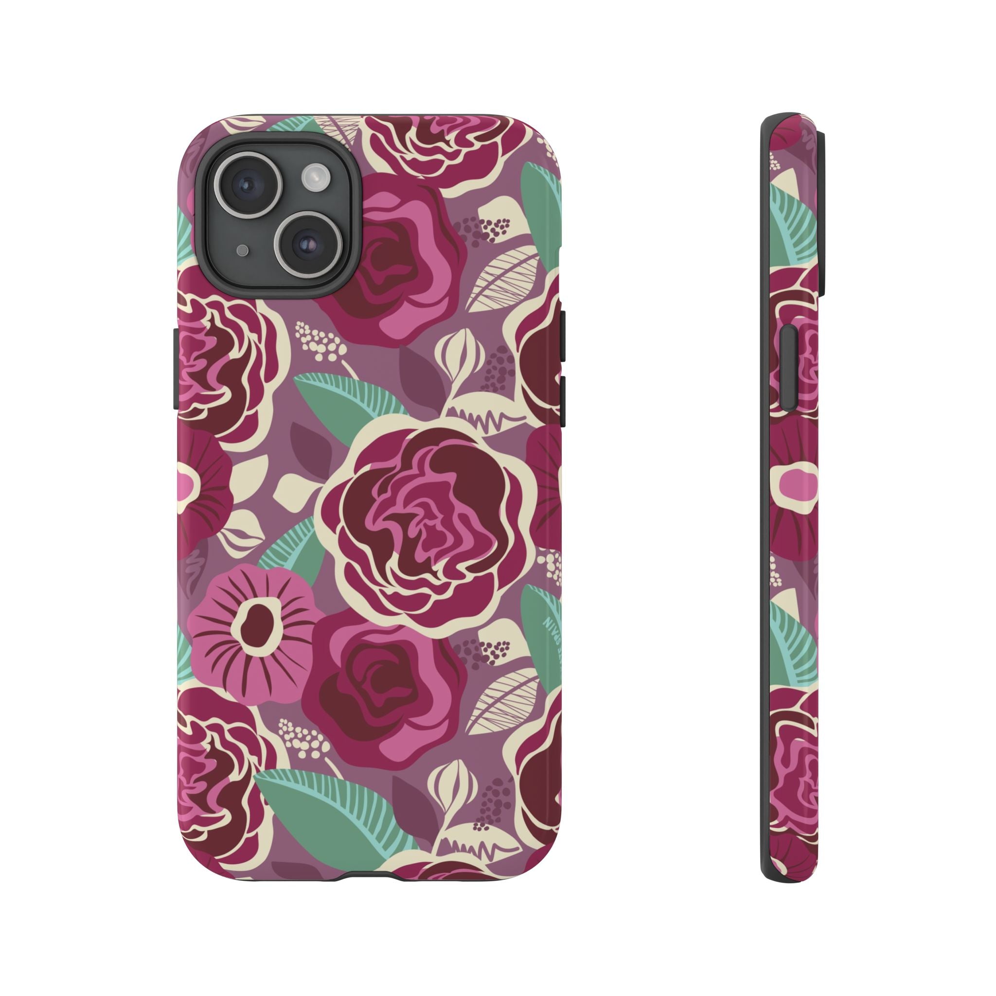 Tea Rose Burgundy Tough iPhone 15 Plus Case – Glossy | burgundy, magenta, plum botanical rose floral print