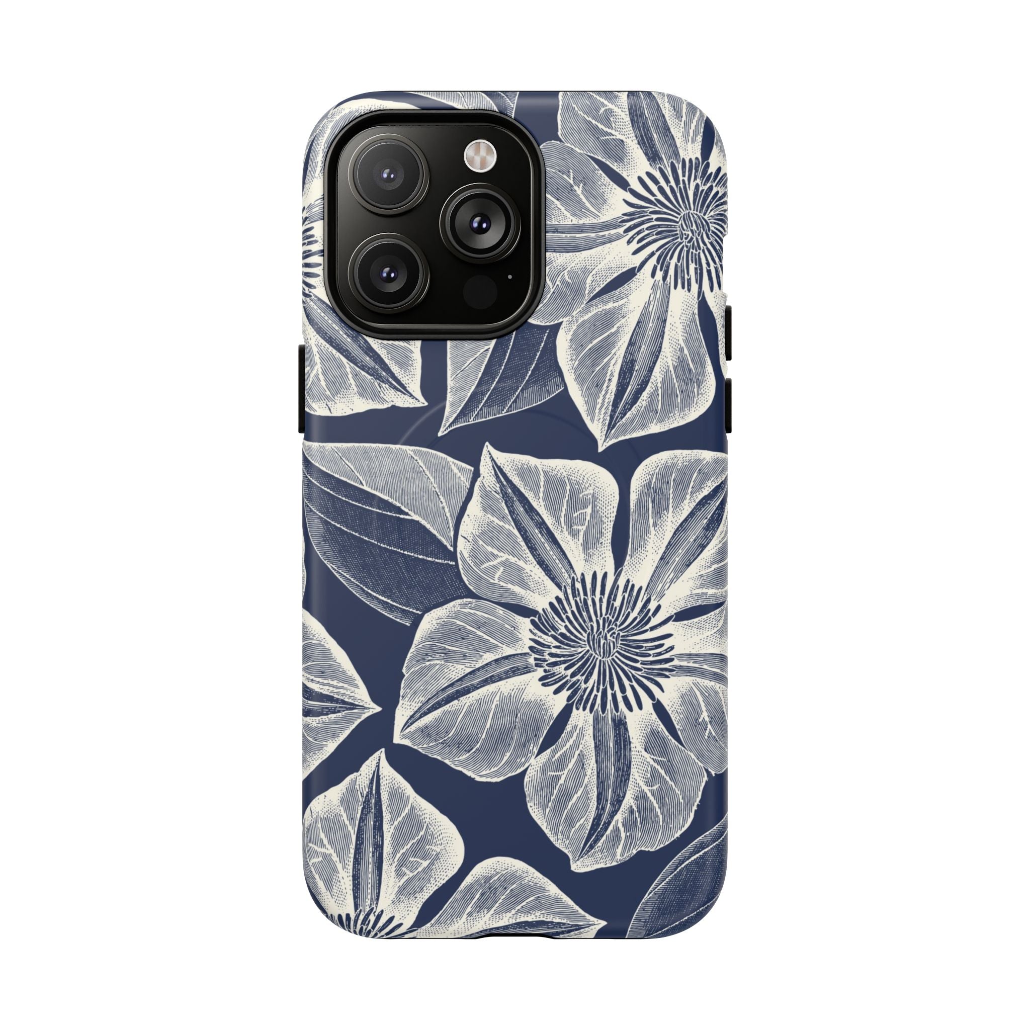 Vintage Bloom Navy MagSafe iPhone 14 Pro Max Case – Matte | navy ground, large-scale white clematis print, engraved petal detail, dual-layer protection