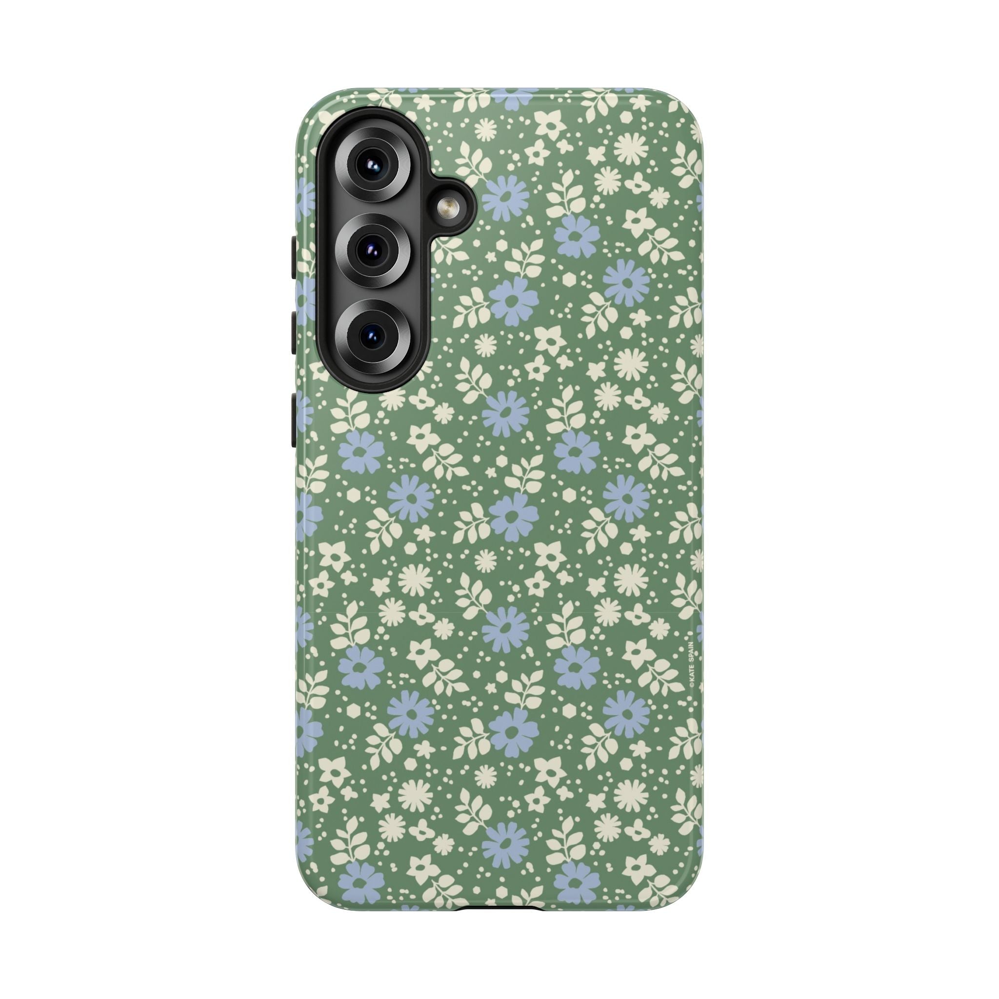 Cottage Core Cute Petaline Samsung Galaxy S25 Plus Case – Matte | green background with white and blue ditsy florals