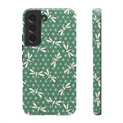 Dragonfly Pattern Phone Case — Green Floral Protective Tough Case