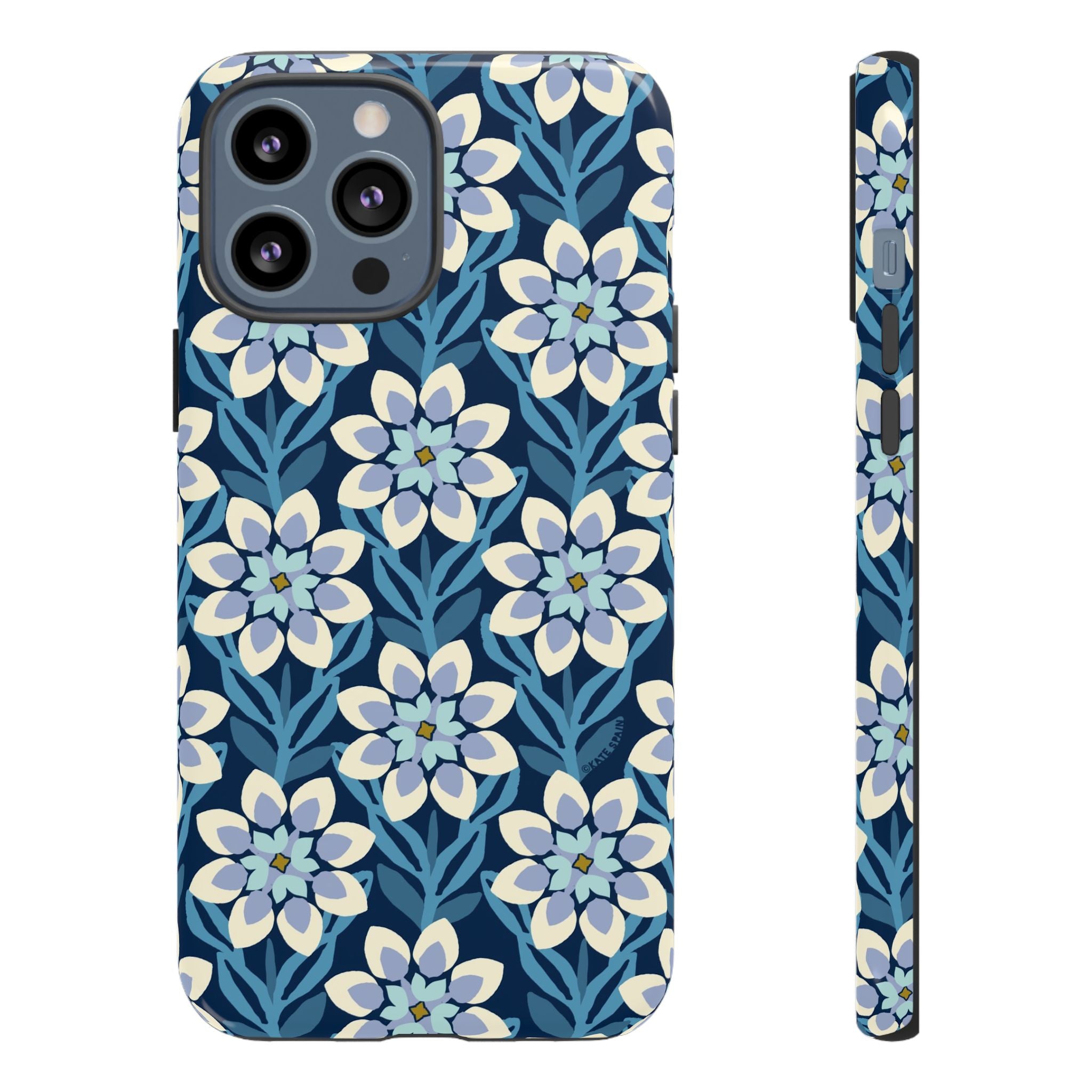 Designer Modern Dahlia Tough iPhone 13 Pro Max Case – Glossy | navy, cobalt, white dahlia floral print