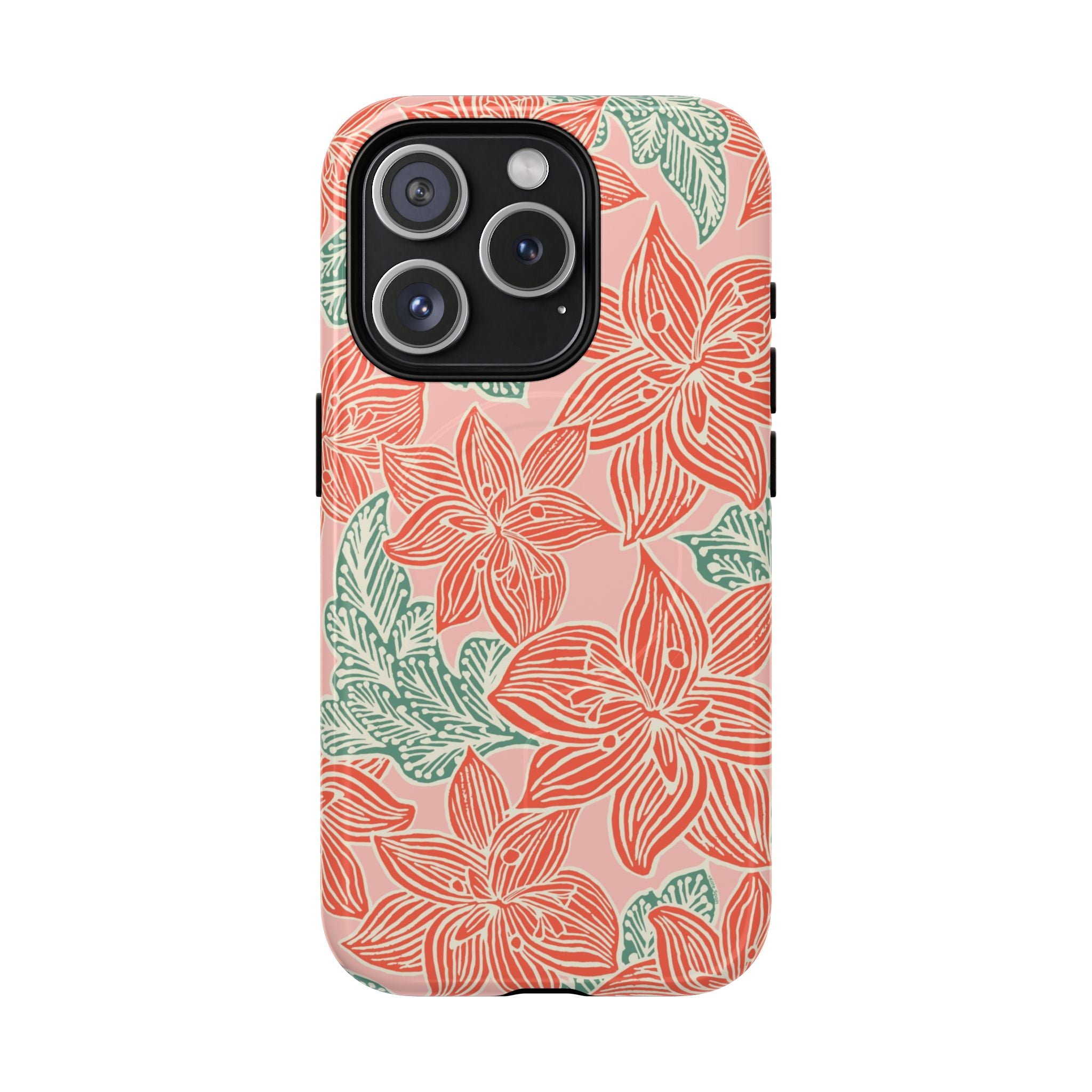 Hibiscus Coral MagSafe iPhone 15 Pro Glossy Case — blush pink hard case with large-scale coral red hibiscus flowers and teal-green leaves in a bold botanical linework print, densely layered across the surface