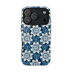 Designer Modern Dahlia Tough iPhone 17 Pro Case – Glossy | navy, cobalt, white dahlia floral print