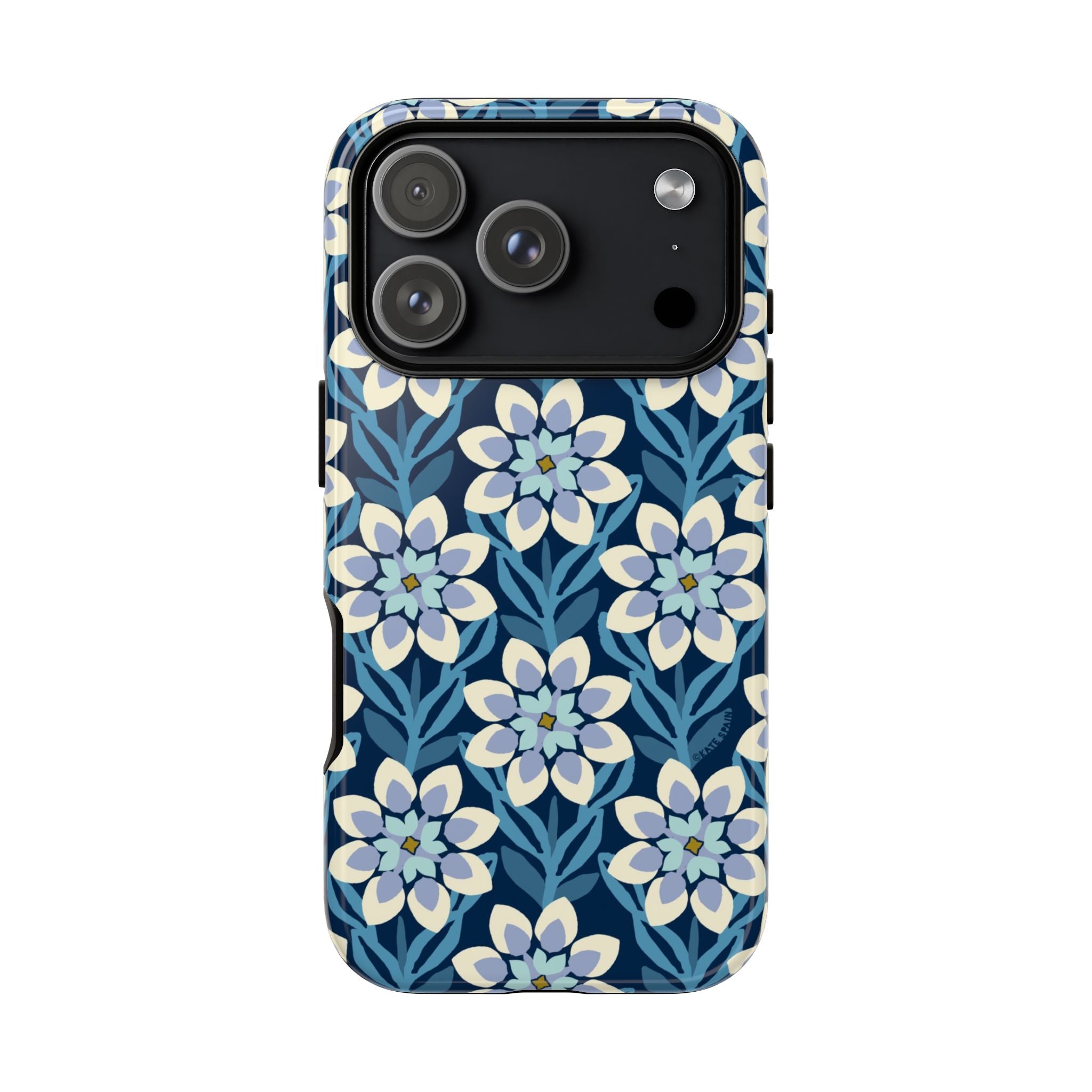 Designer Modern Dahlia Tough iPhone 17 Pro Case – Glossy | navy, cobalt, white dahlia floral print
