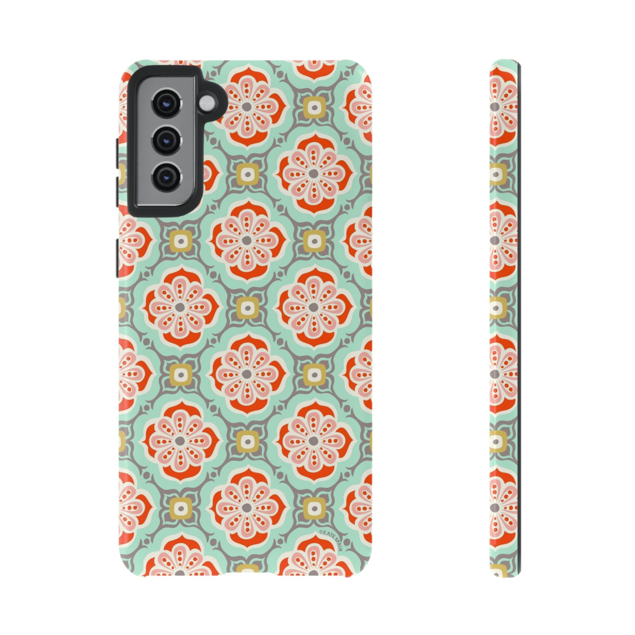 Luxury Alhambra Samsung Galaxy S21 Plus Case – Glossy | light turquoise, coral, cream geometric medallion tile print