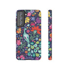 Luxury Peacock Sanctuary Samsung Galaxy S21 FE Case – Matte | navy, teal, coral multicolor vibrant peacock feather botanical print
