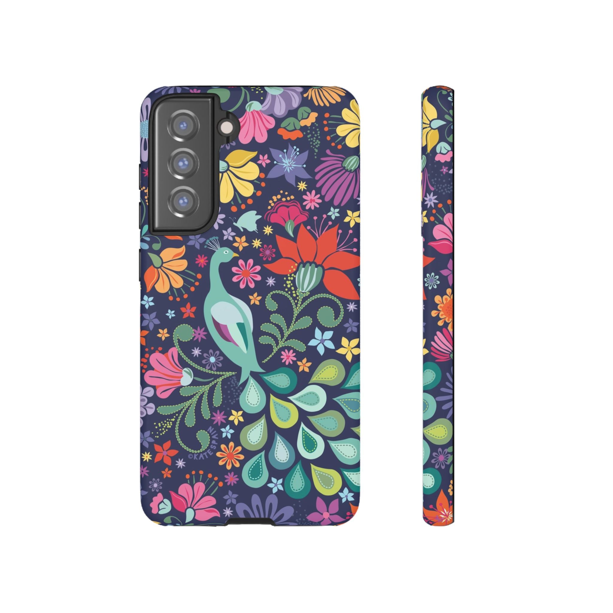 Luxury Peacock Sanctuary Samsung Galaxy S21 FE Case – Matte | navy, teal, coral multicolor vibrant peacock feather botanical print
