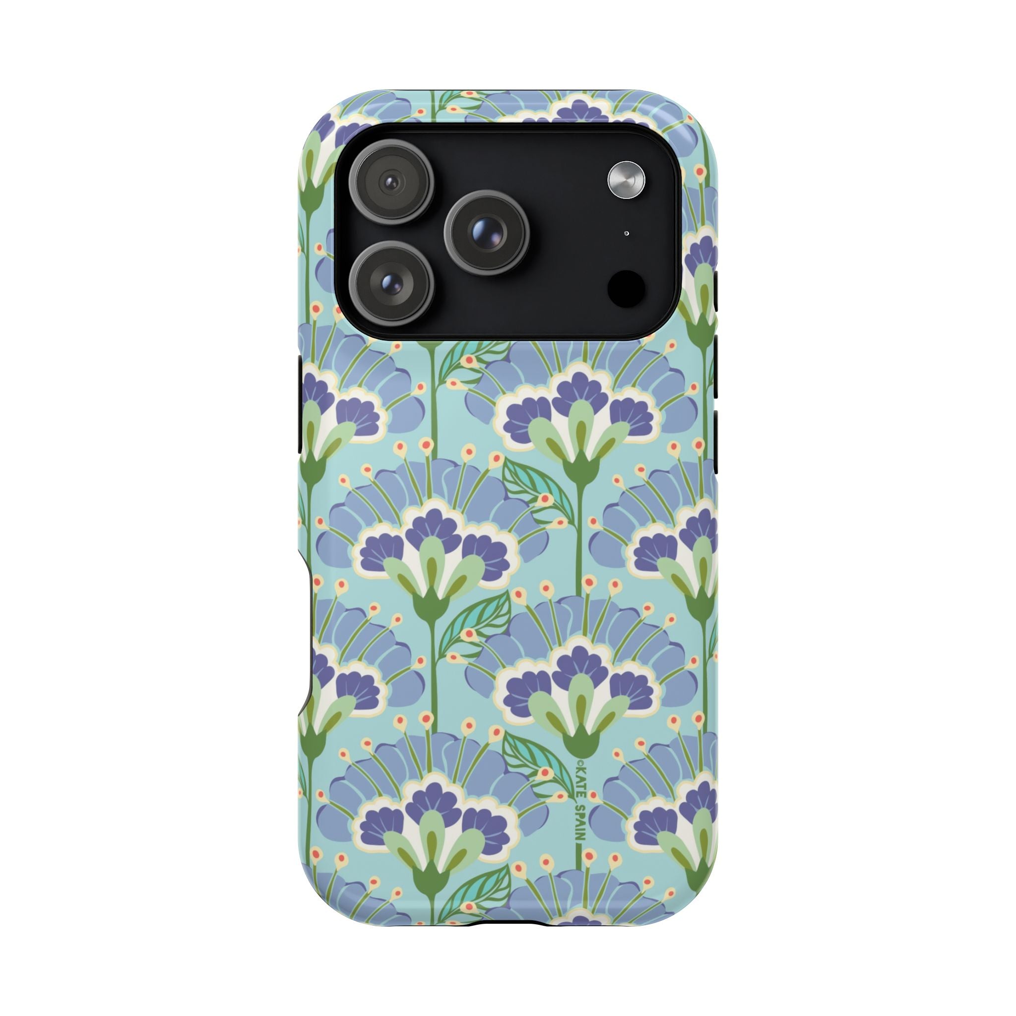 Lantern Flower MagSafe iPhone 17 Pro Case – Glossy | aqua, periwinkle, green botanical lantern floral print MagSafe compatible, dual-layer protection