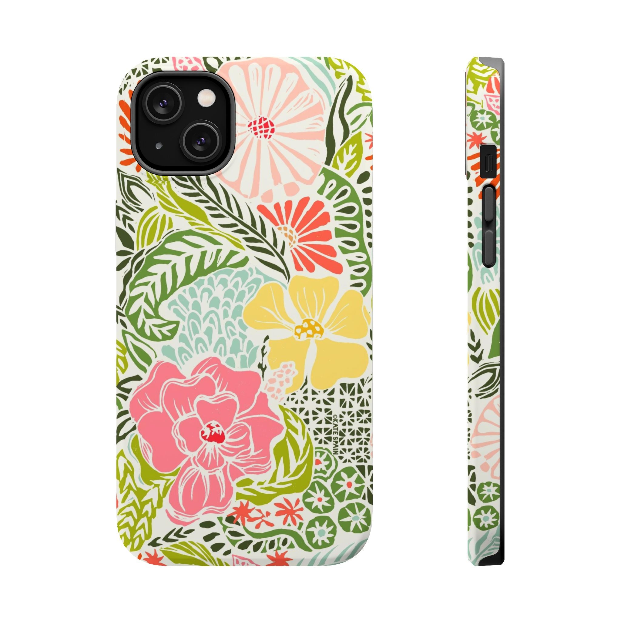 Tropica MagSafe iPhone 14 Plus Case – Matte | cream, pink, yellow, blue botanical floral print MagSafe compatible, dual-layer protection