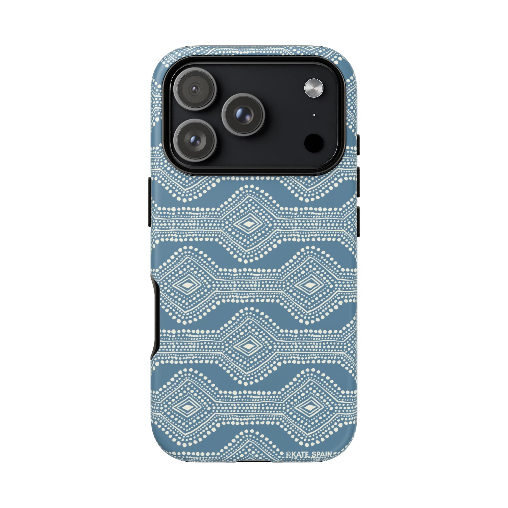 Diamond Dots Tough iPhone 17 Pro Case – Matte | steel blue, white diamond dot geometric print