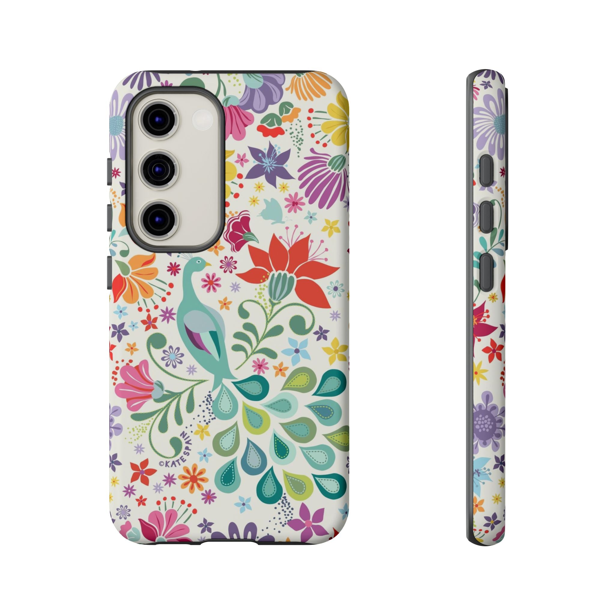 Luxury Peacock Sanctuary Samsung Galaxy S23 Case – Matte | white, teal, coral multicolor vibrant peacock feather botanical print