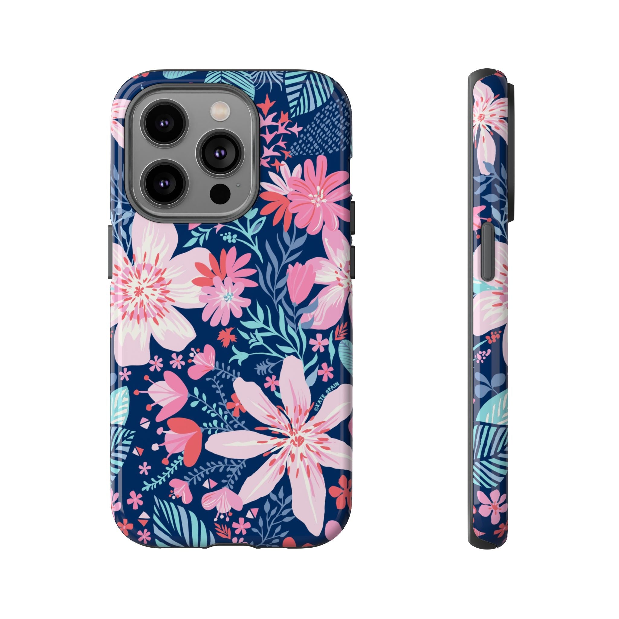 Bonaire Tough iPhone 14 Pro Case – Glossy | navy, pink, white tropical floral botanical print