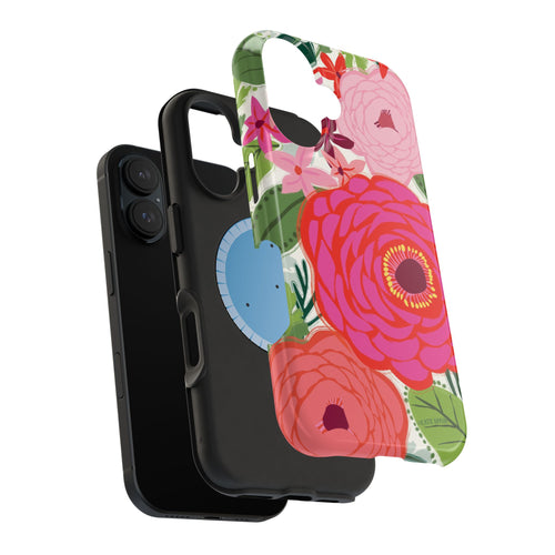 Bloomerie MagSafe iPhone Case – exploded side view showing dual-layer construction | cream, magenta, coral botanical peony floral print