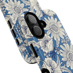Jardin Blue MagSafe iPhone 17 Case – Glossy | blue and cream botanical garden print | angled view closeup of camera cutout and buttons