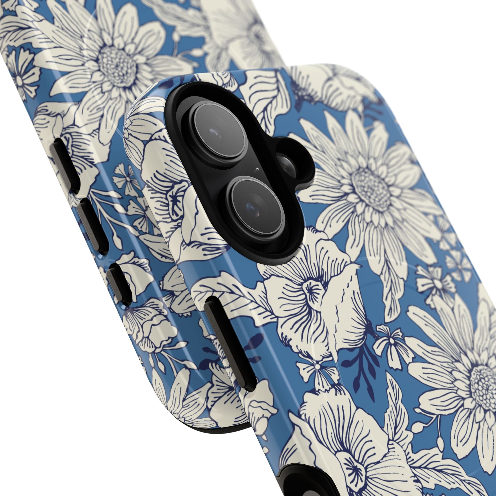 Jardin Blue MagSafe iPhone 17 Case – Glossy | blue and cream botanical garden print | angled view closeup of camera cutout and buttons