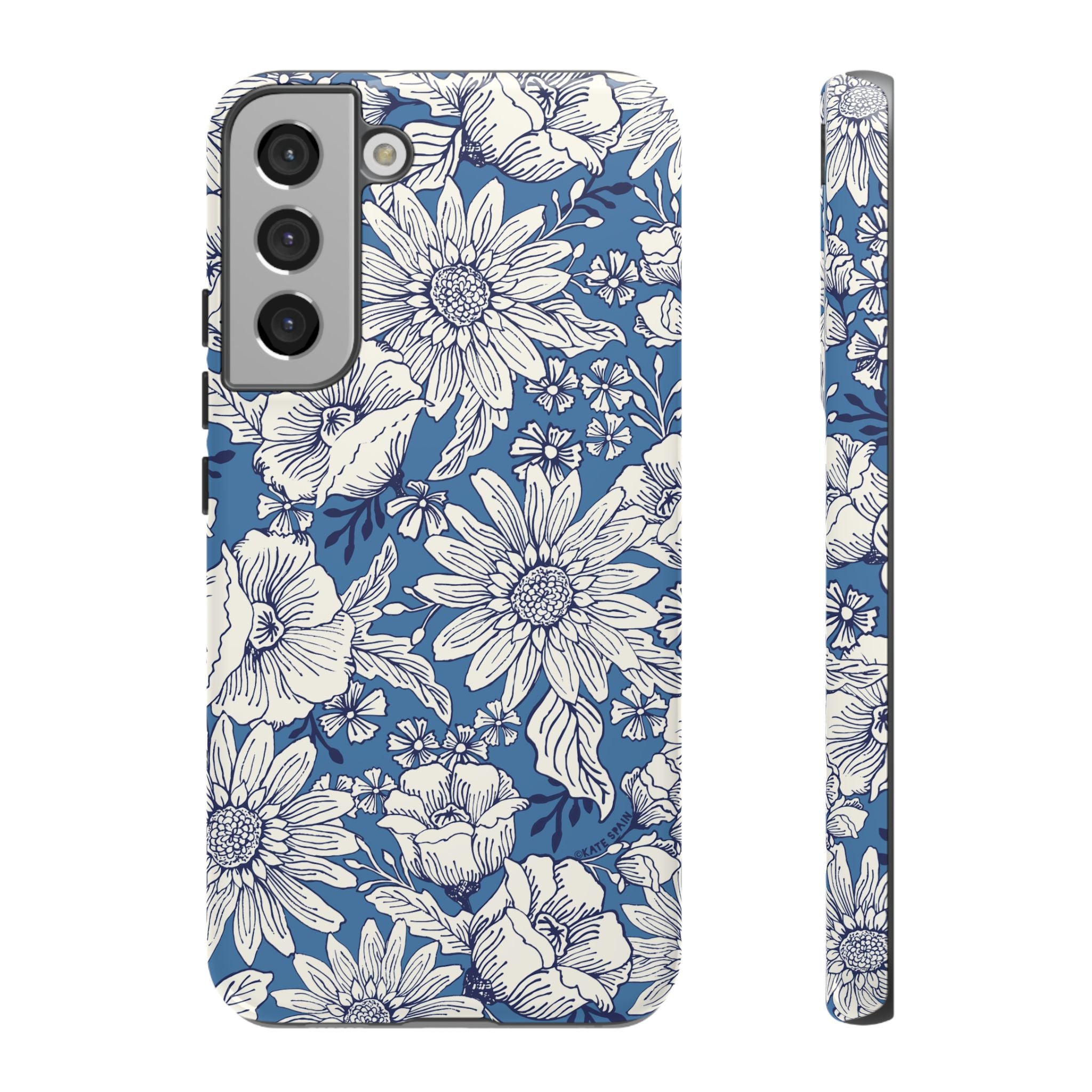 Luxury Jardin Samsung Galaxy S22 Plus Case – Glossy | steel blue, white botanical daisy floral print
