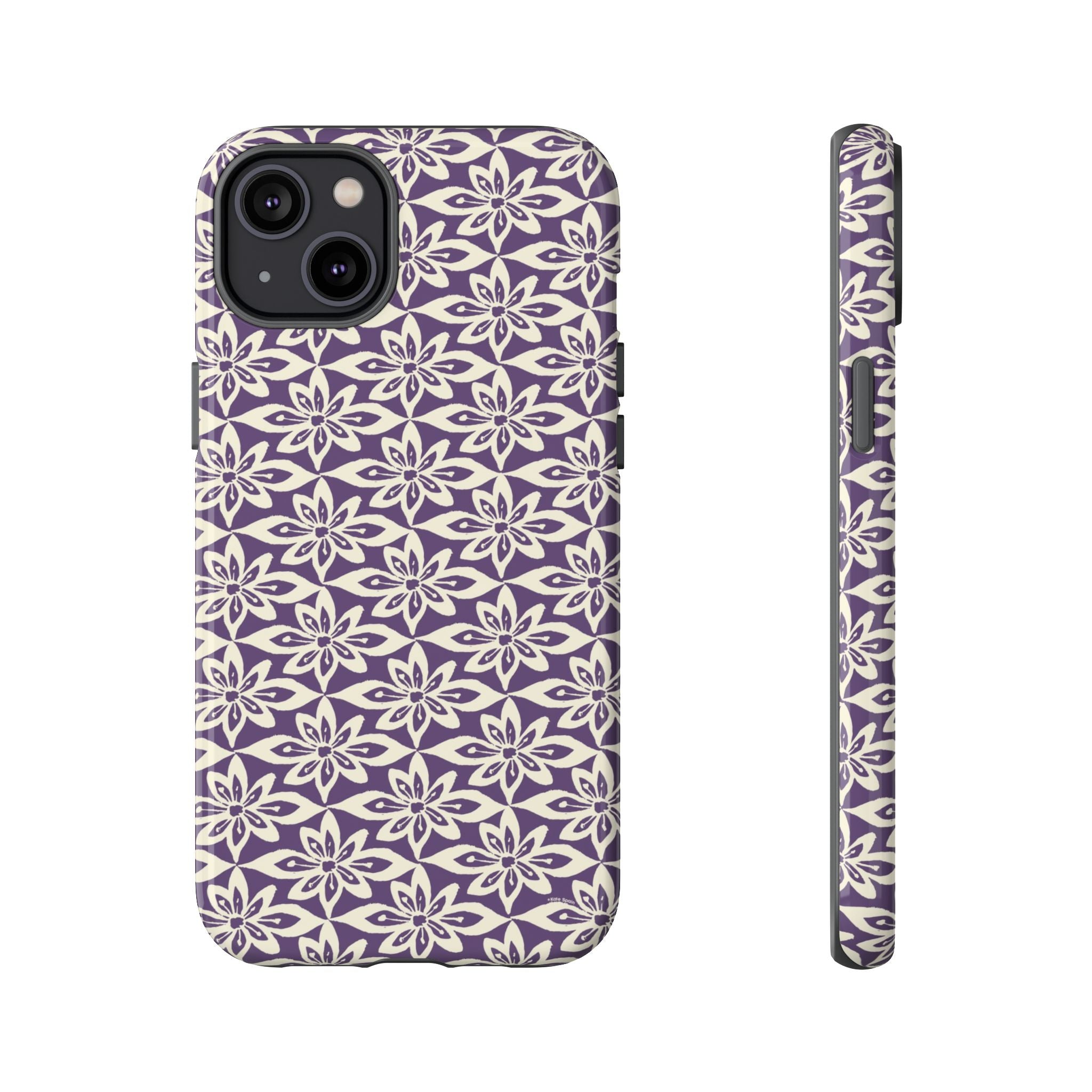 Lily Plum iPhone 14 Plus Case – Glossy | graphic white lily print on rich violet — botanical phone case by Kate Spain