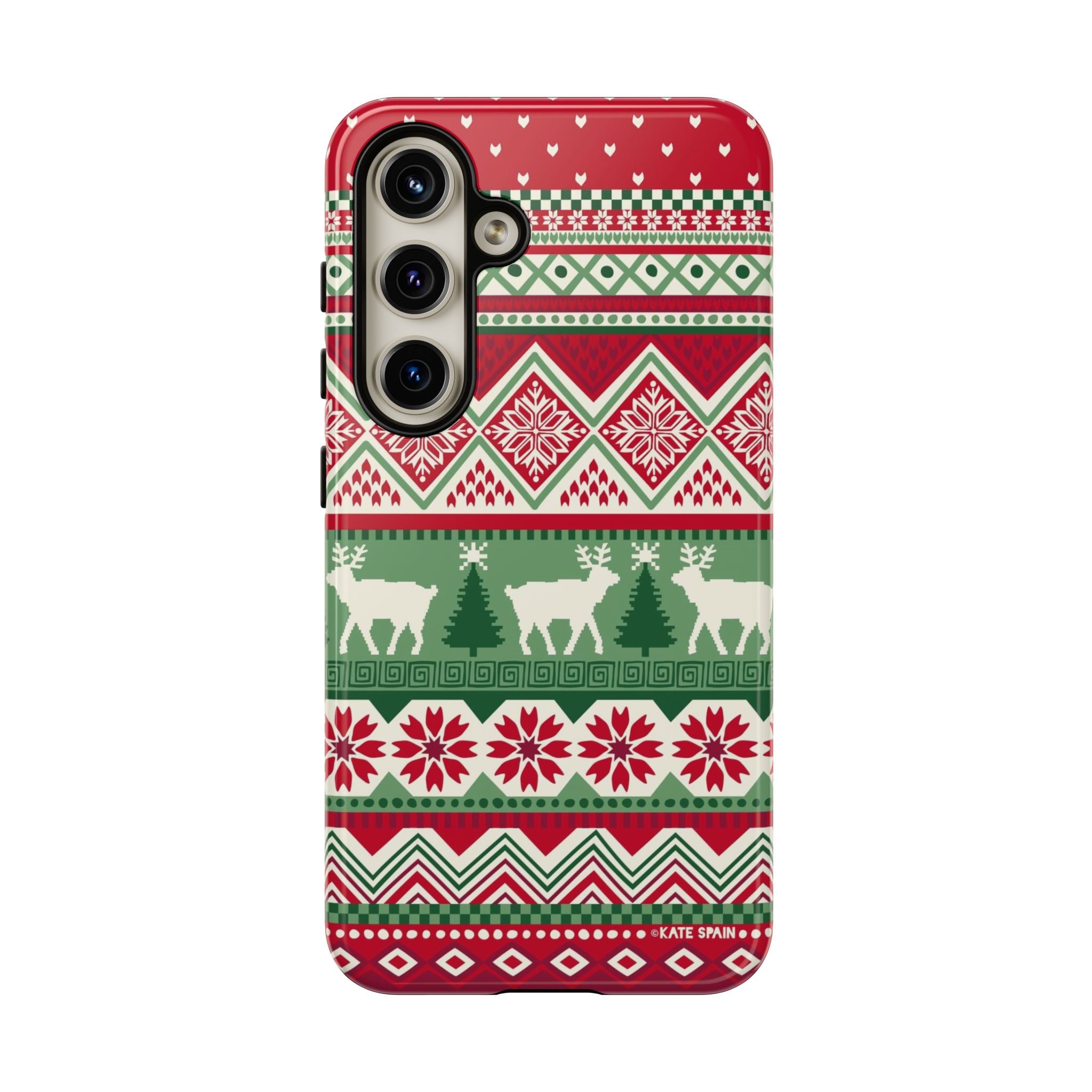 Luxury Telemark Samsung Galaxy S24 Case – Glossy | red, green, cream Nordic fair isle reindeer print