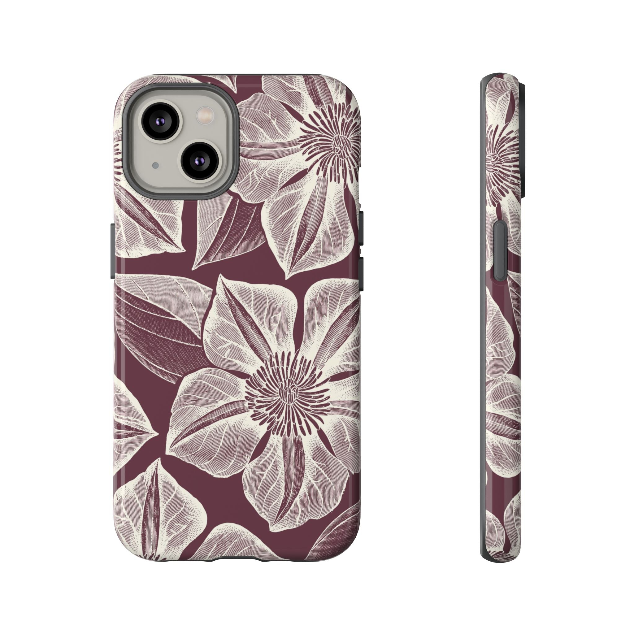 Vintage Bloom Burgundy iPhone 14 case – Glossy | burgundy ground, large-scale cream clematis print, engraved petal detail, dual-layer protection