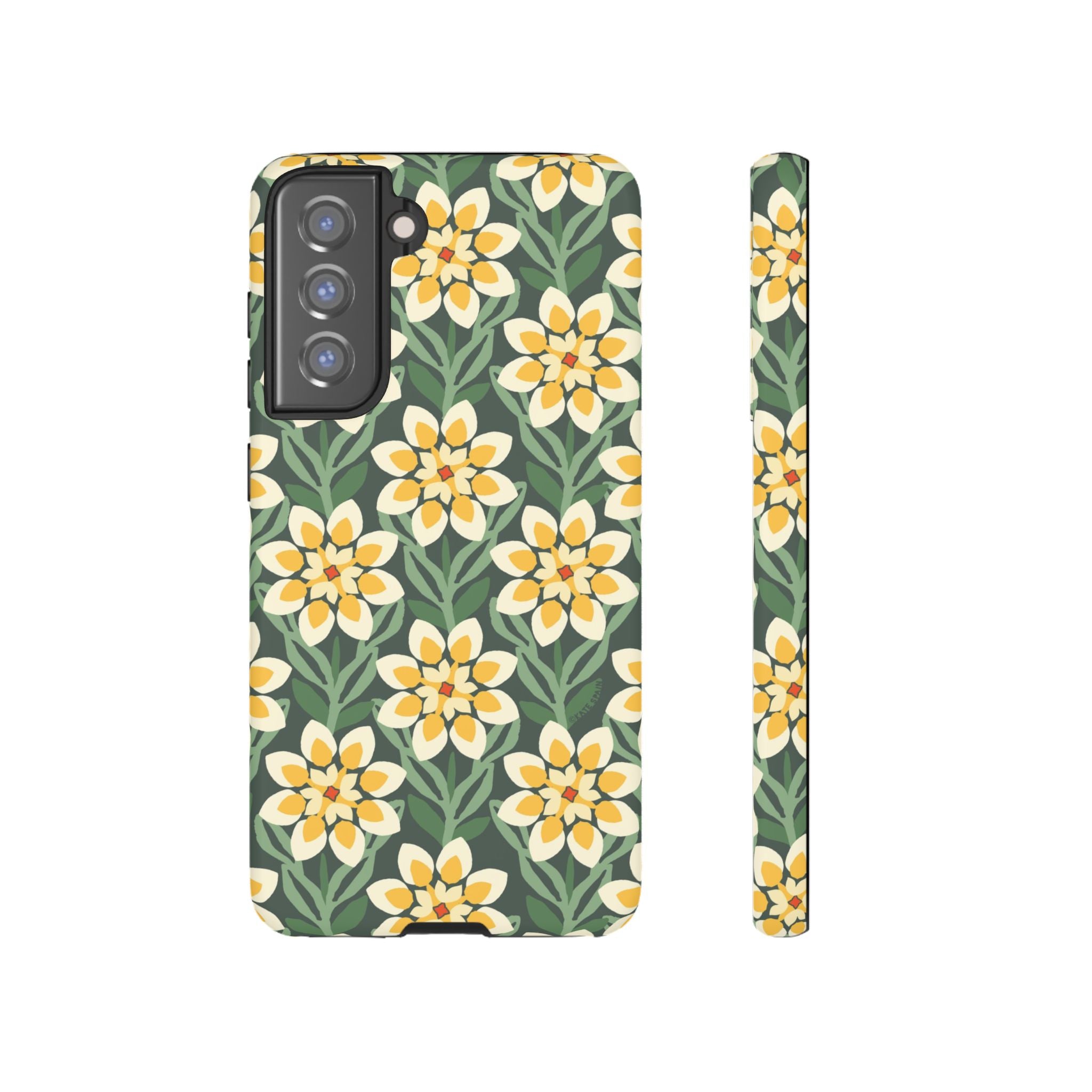 Luxury Modern Dahlia Samsung Galaxy S21 FE Case – Matte | forest green, yellow, cream modern dahlia print