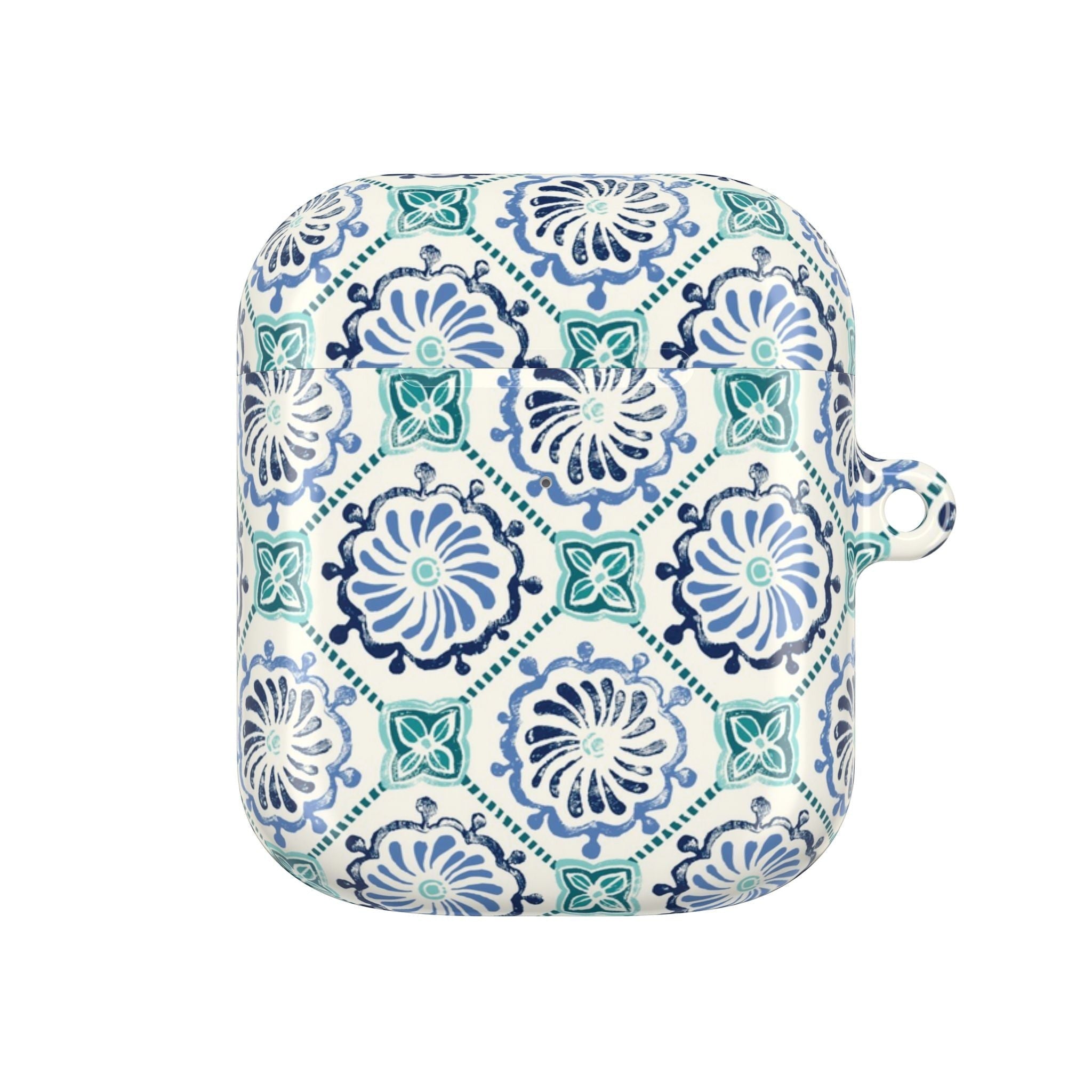 floriori Horizon Blue Tile AirPods case with a navy and teal Moroccan-inspired floral medallion print on white.