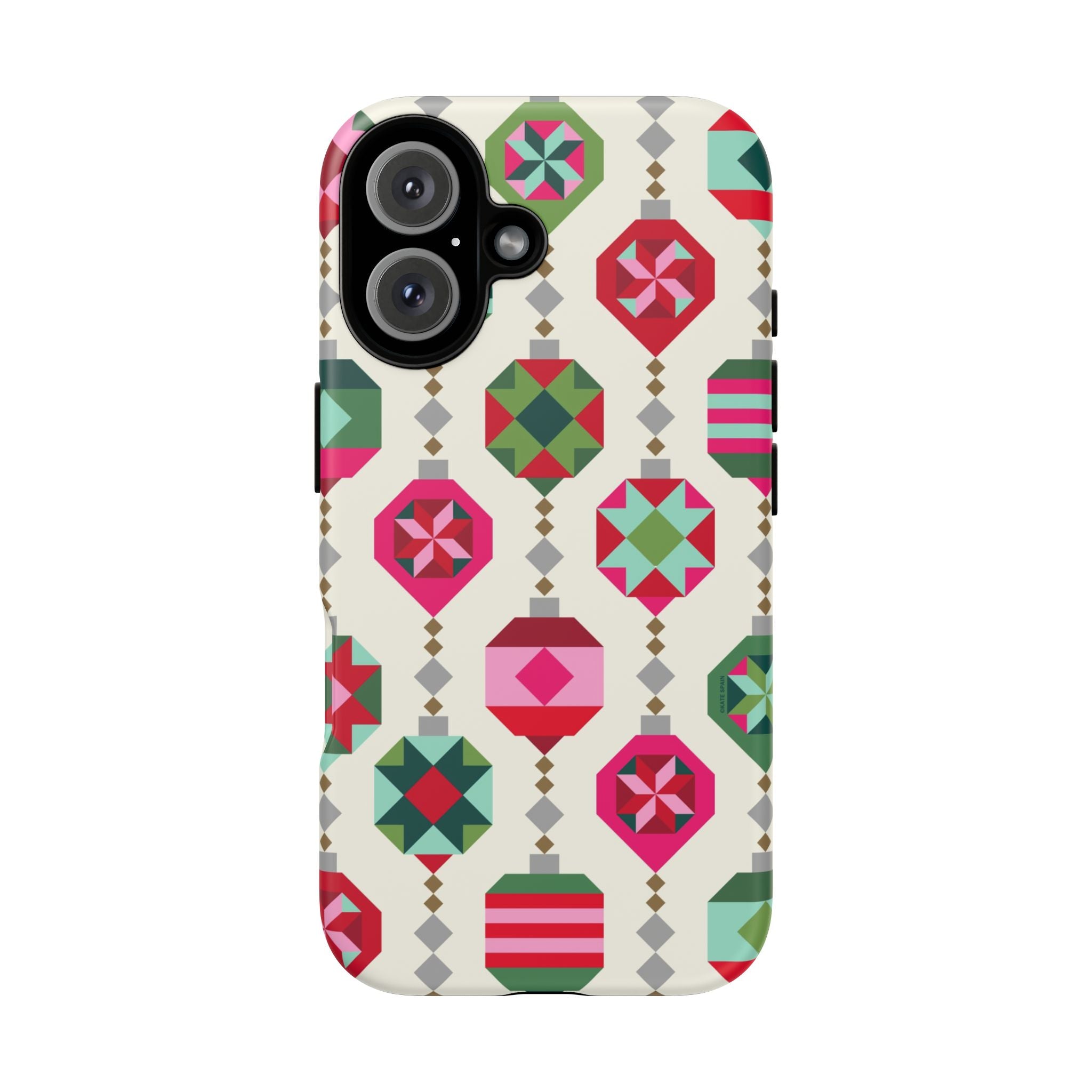Felicity Ornaments Tough iPhone 16 Case – Matte | cream, red, pink, green, mint geometric quilted ornament print