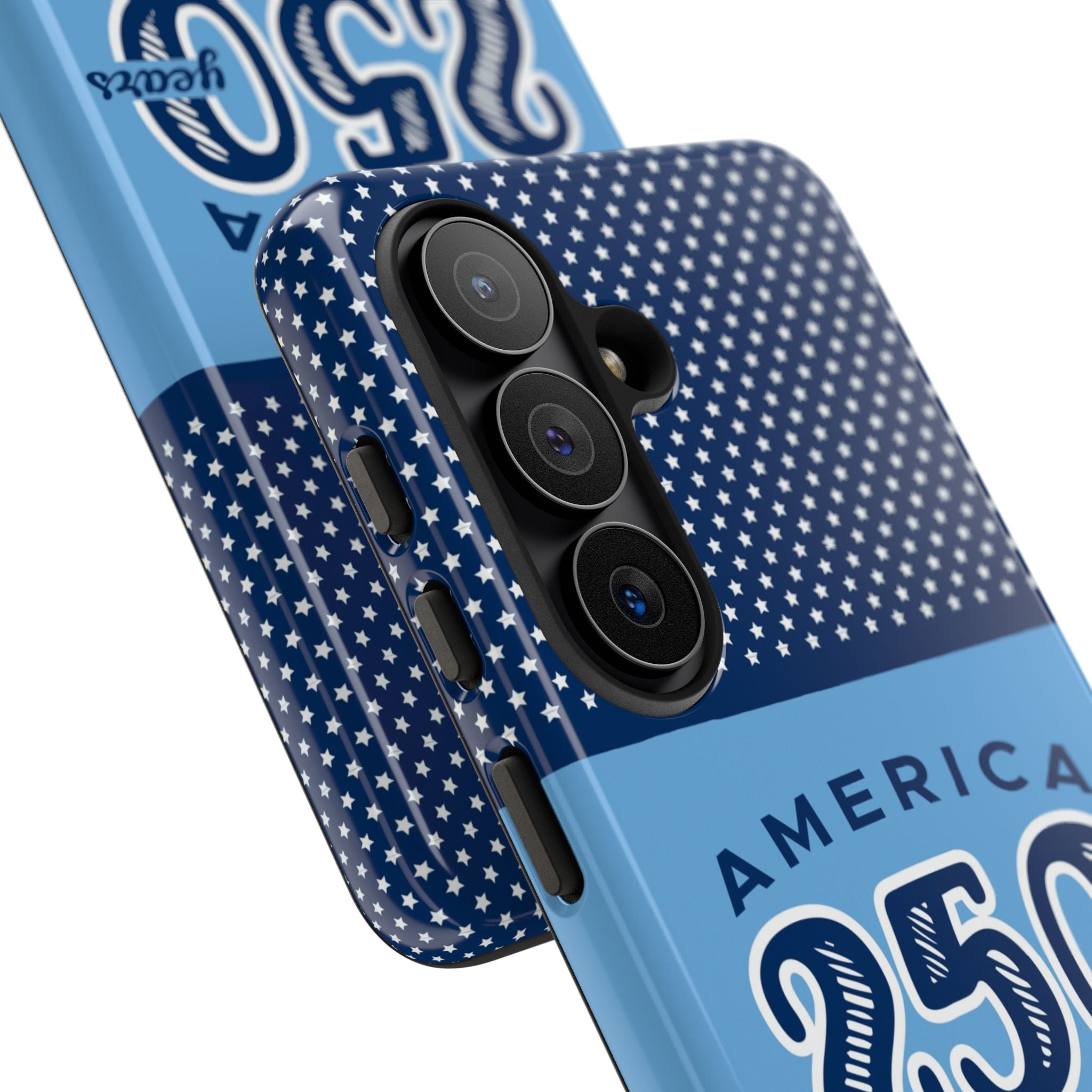 Sea to Shining Sea Samsung Galaxy S26 Case – angled view close-up of buttons and camera cutout in case in navy, sky blue, red patriotic America 250 commemorative print