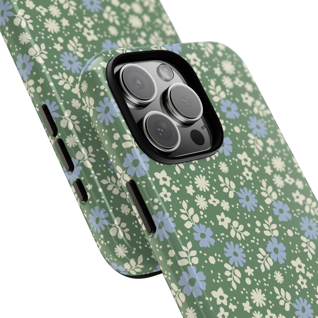 Petaline Tough iPhone 17 Pro Max Case – Matte | green, blue, cream ditsy floral print