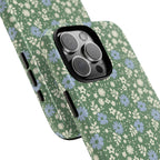 Petaline Tough iPhone 17 Pro Max Case – Matte | green, blue, cream ditsy floral print