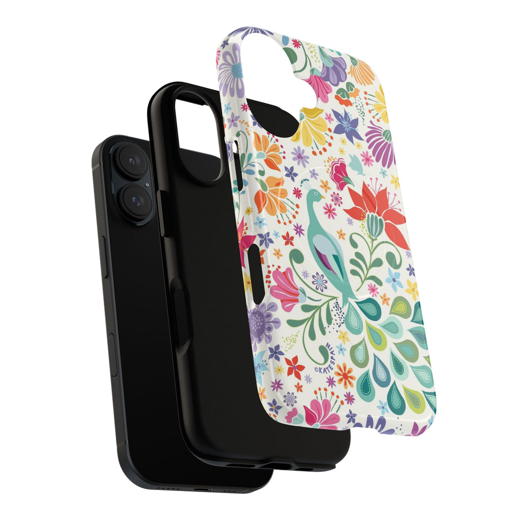 Peacock Sanctuary MagSafe iPhone 17 Case – Dual-layered view of case and inner lining in front of phone, with view of camera cutout and buttons | cream, teal, coral multicolor vibrant peacock feather botanical print