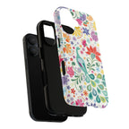 Peacock Sanctuary MagSafe iPhone 17 Case – Dual-layered view of case and inner lining in front of phone, with view of camera cutout and buttons | cream, teal, coral multicolor vibrant peacock feather botanical print