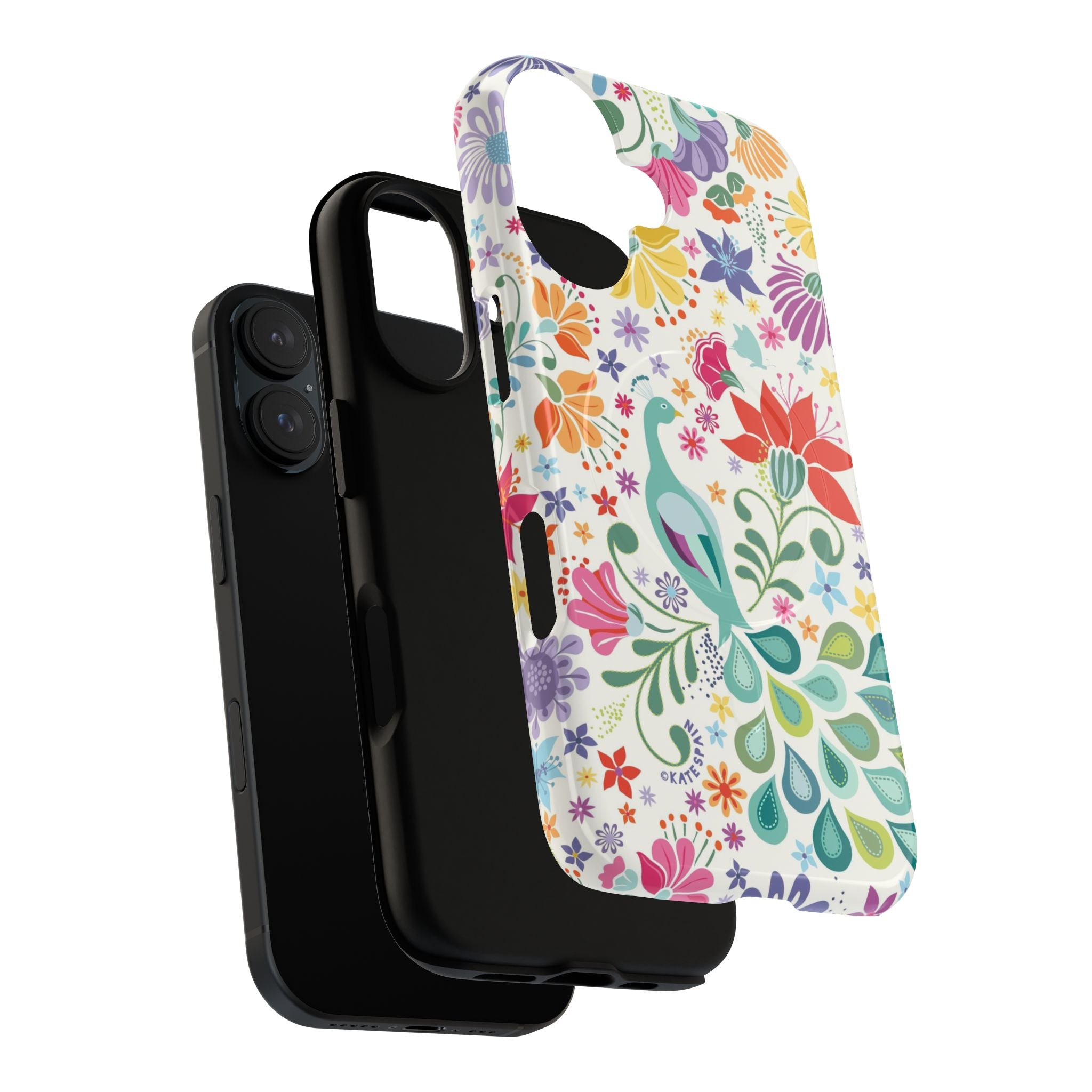 Peacock Sanctuary MagSafe iPhone 17 Case – Dual-layered view of case and inner lining in front of phone, with view of camera cutout and buttons | cream, teal, coral multicolor vibrant peacock feather botanical print