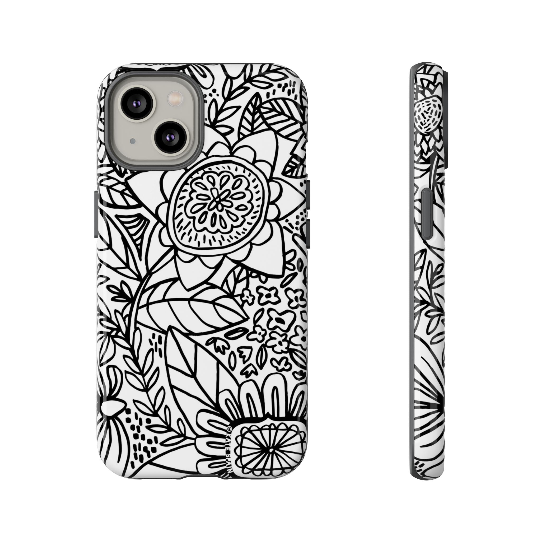 Esprit Tough iPhone 14 Case – Glossy | white, black botanical line art floral print