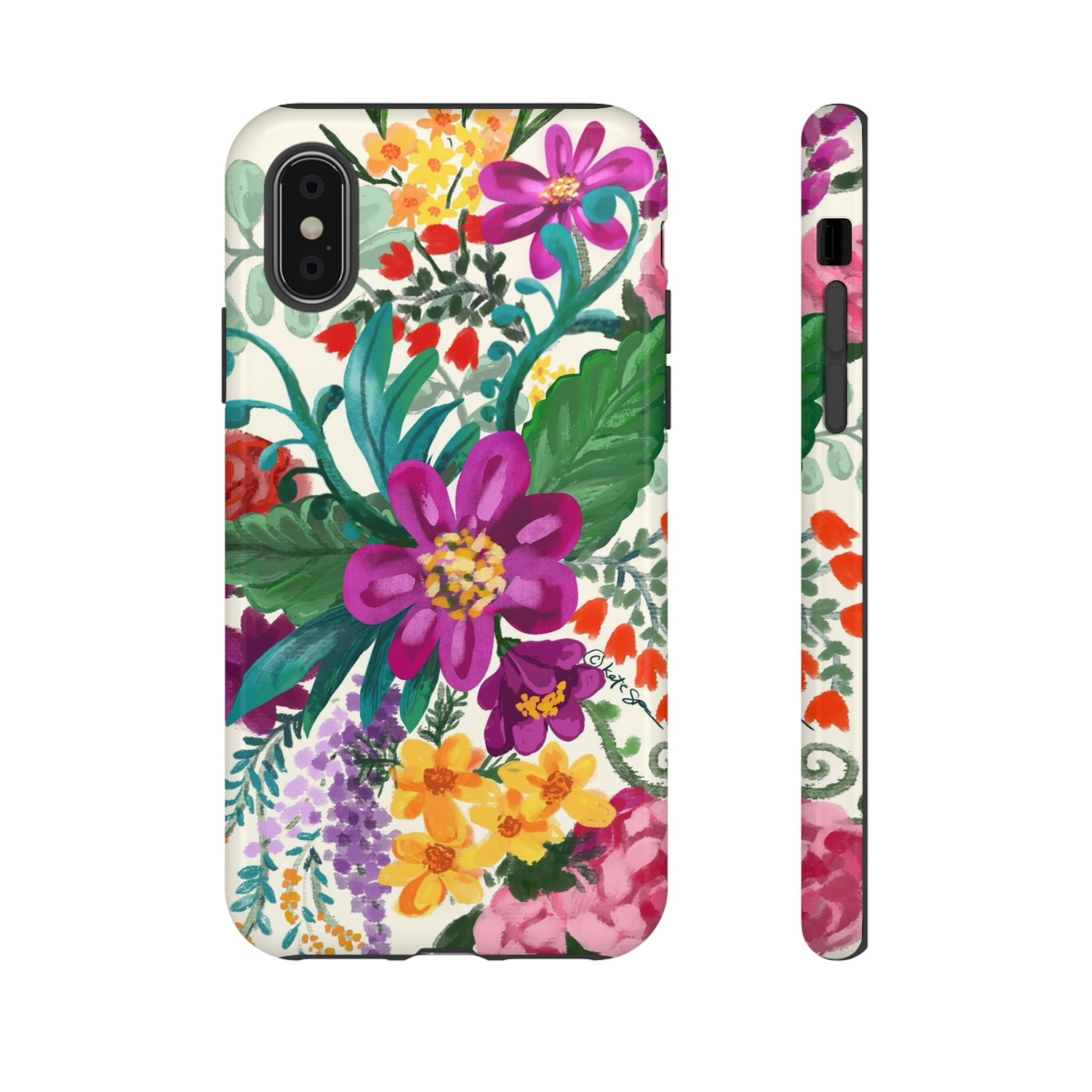 Posy Tough iPhone XS Case – Glossy | cream, magenta, coral botanical floral print