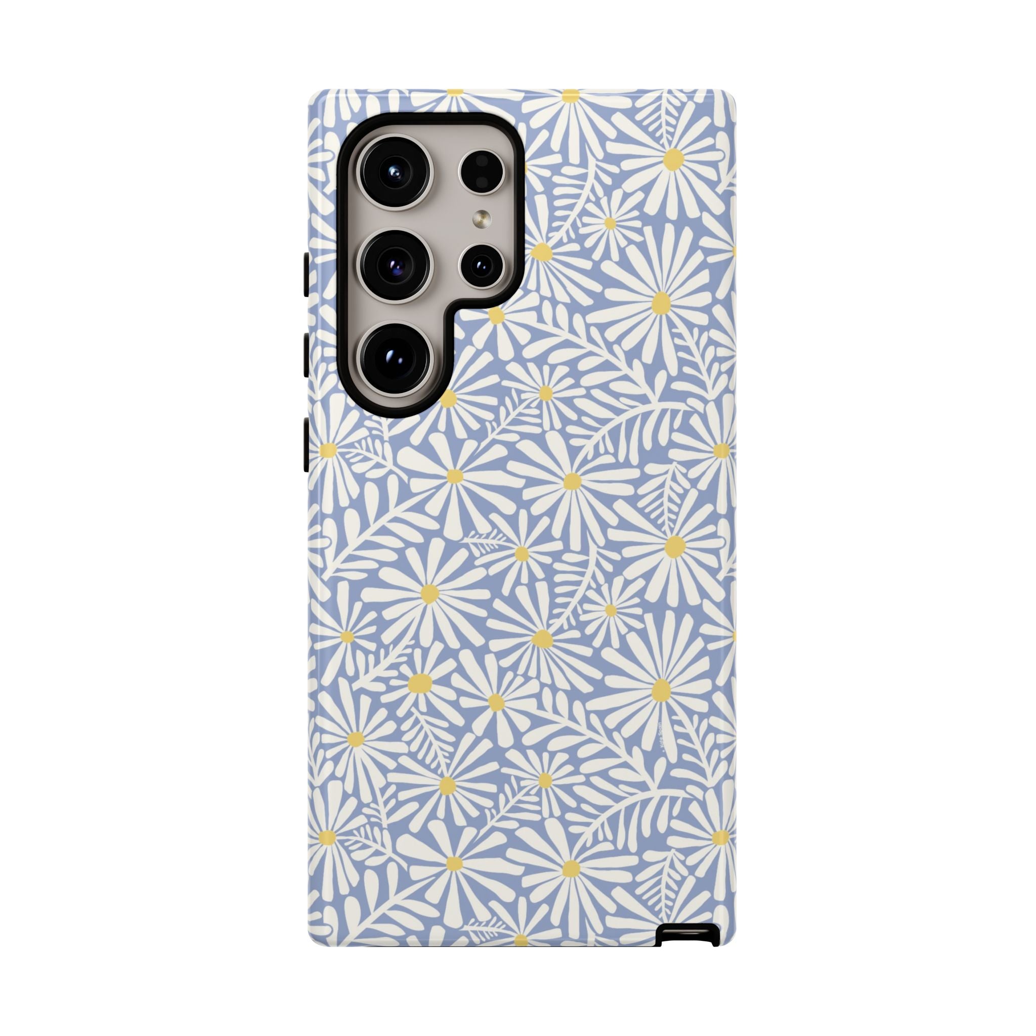 Montauk Daisy Cottage Blue Samsung Galaxy S24 Ultra Glossy case — white daisy and fern print on periwinkle blue by Kate Spain