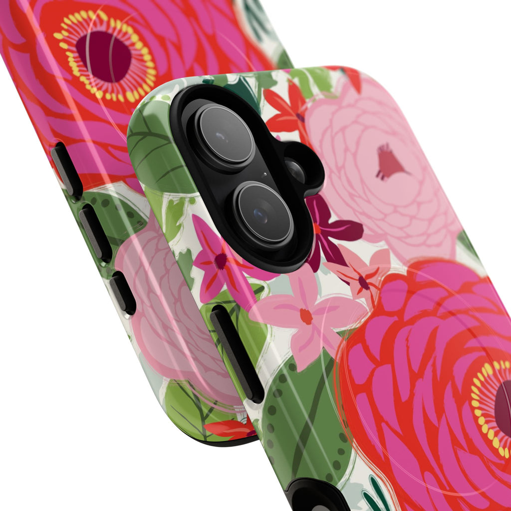 Bloomerie Fuchsia MagSafe iPhone 16 Pro Max Case – Glossy | cream, magenta, coral botanical peony floral print | angled view closeup of camera cutout and buttons