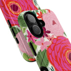 Bloomerie Fuchsia MagSafe iPhone 16 Pro Max Case – Glossy | cream, magenta, coral botanical peony floral print | angled view closeup of camera cutout and buttons