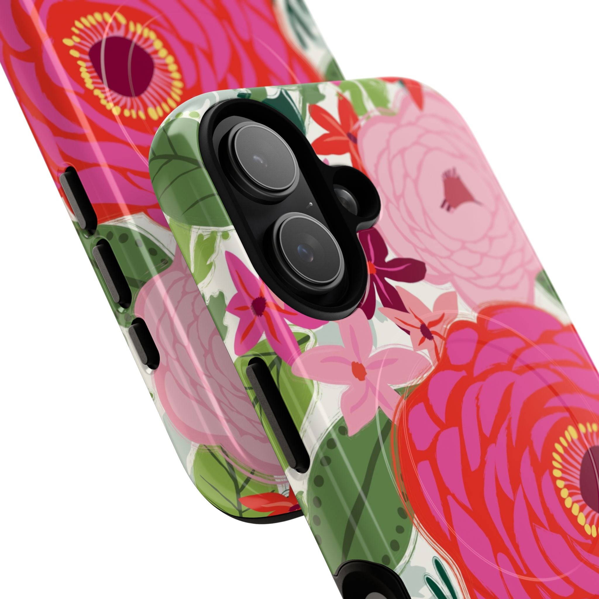 Bloomerie Fuchsia MagSafe iPhone 16 Pro Max Case – Glossy | cream, magenta, coral botanical peony floral print | angled view closeup of camera cutout and buttons