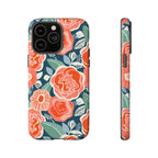 Tea Rose Navy Tough iPhone 14 Pro Max Case – Matte | navy, coral, pink, cream rose floral print