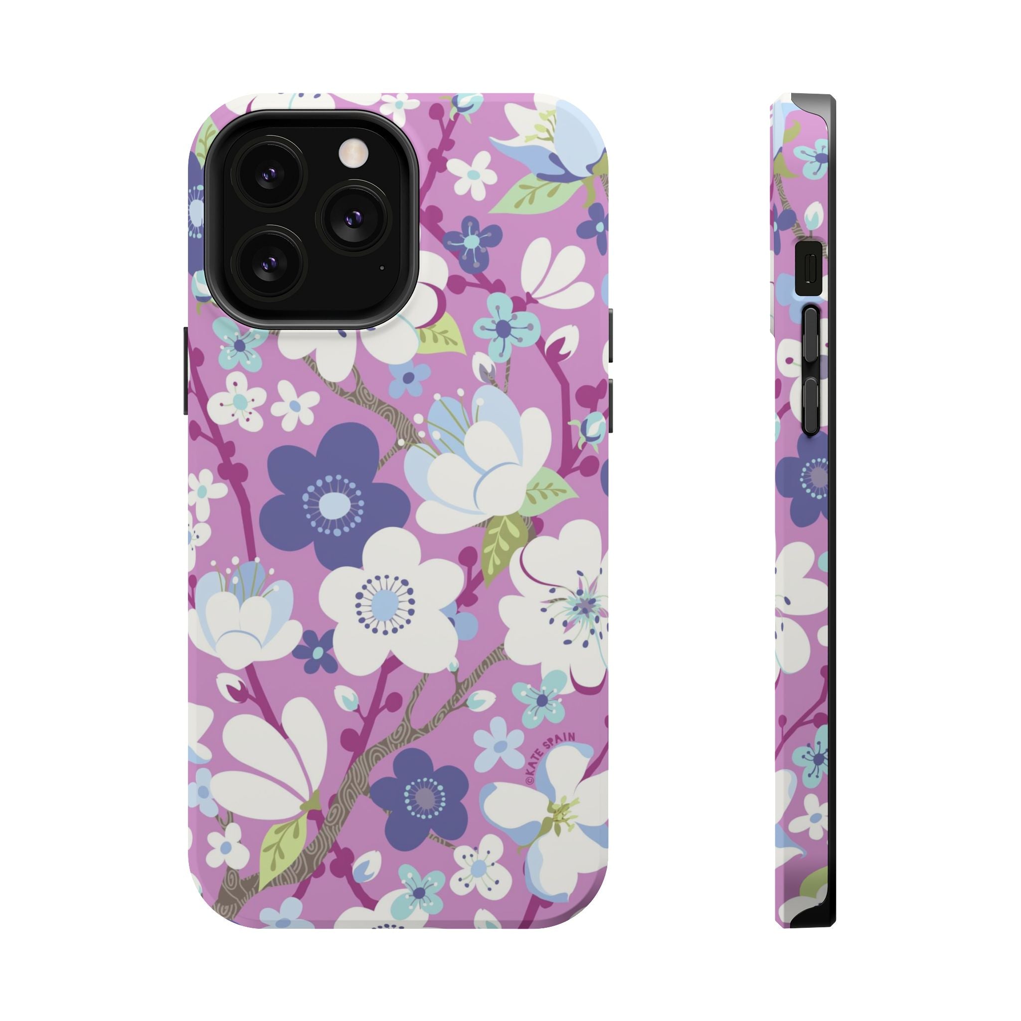 Luxury Cherry Blossom MagSafe iPhone 14 Pro Max Case – Matte | mauve, purple, blue, white cherry blossom print