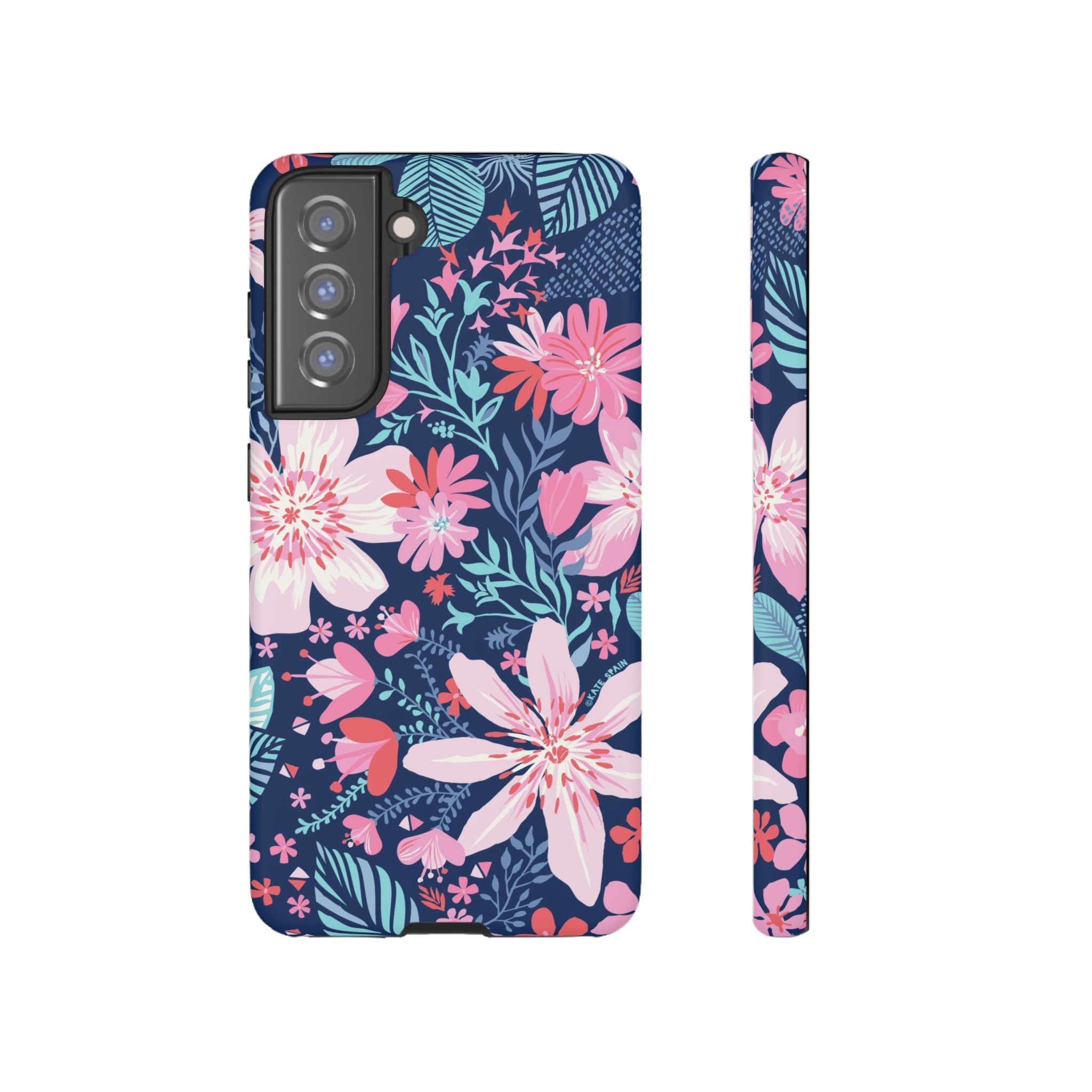 Tropical Bonaire Samsung Galaxy S21 FE Case – Matte | navy, pink, white tropical floral botanical print