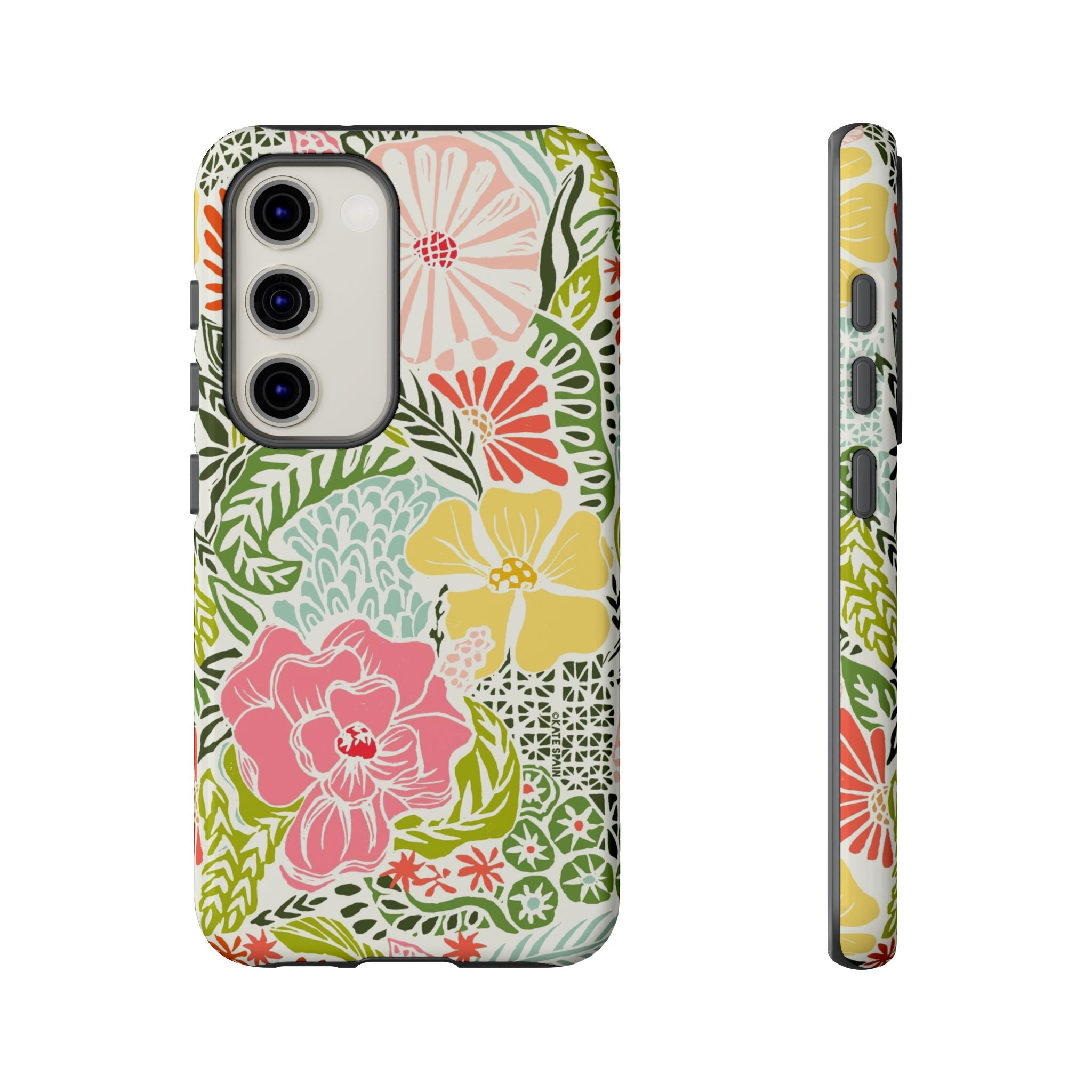 Cute Tropica Samsung Galaxy S23 Case – Glossy | cream, pink, yellow, blue botanical floral print