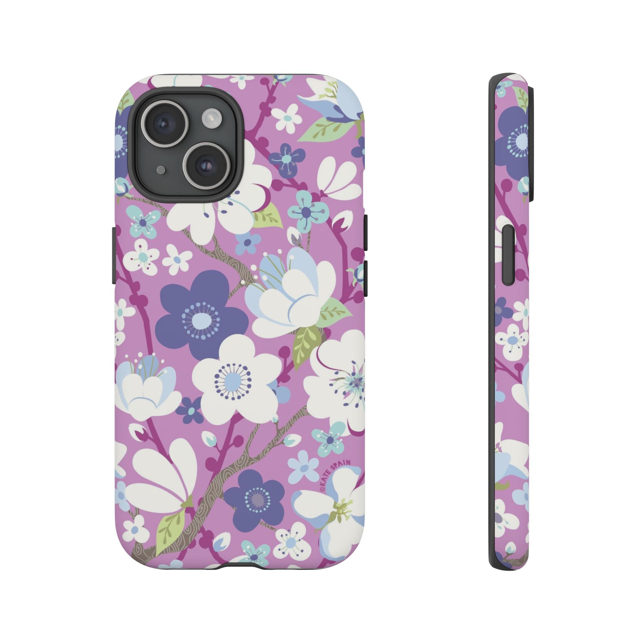 Luxury Cherry Blossom Tough iPhone 15 Case – Matte | mauve, purple, blue, white cherry blossom print
