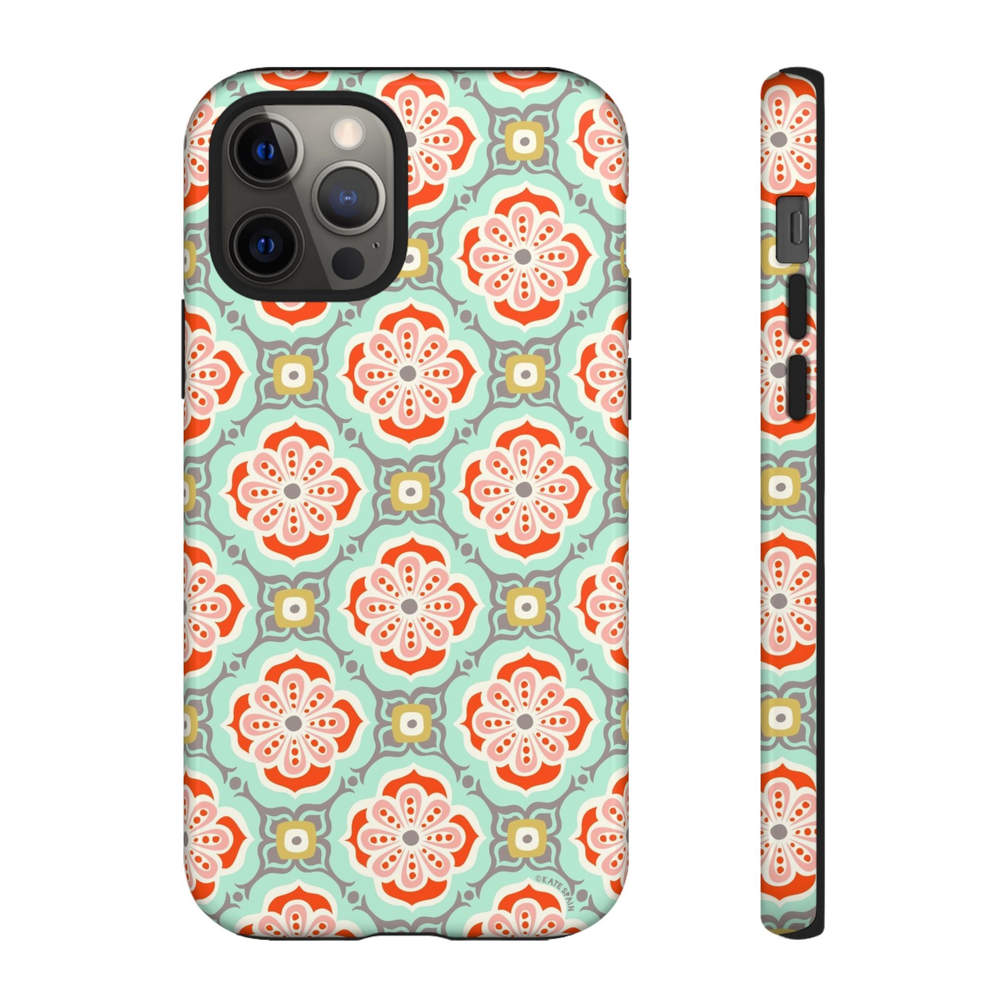 Alhambra Tough iPhone 12 Pro Case – Glossy | aqua, coral, blush geometric medallion floral print