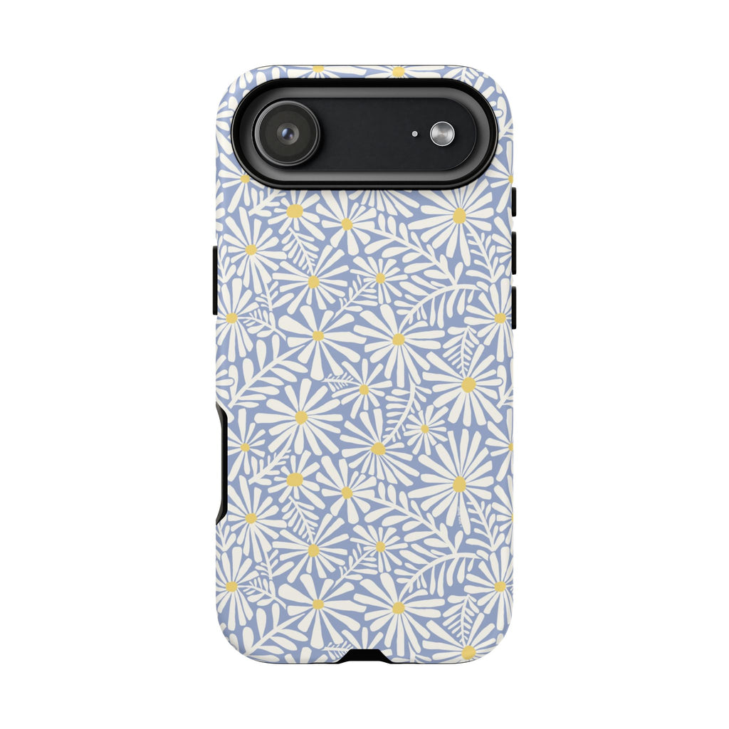 Montauk Daisy Cottage Blue iPhone 17 Pro Max Case – Matte | periwinkle blue, white graphic daisy and fern print, golden yellow centers | dual-layer protection