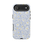 Montauk Daisy Cottage Blue iPhone 17 Pro Max Case – Matte | periwinkle blue, white graphic daisy and fern print, golden yellow centers | dual-layer protection