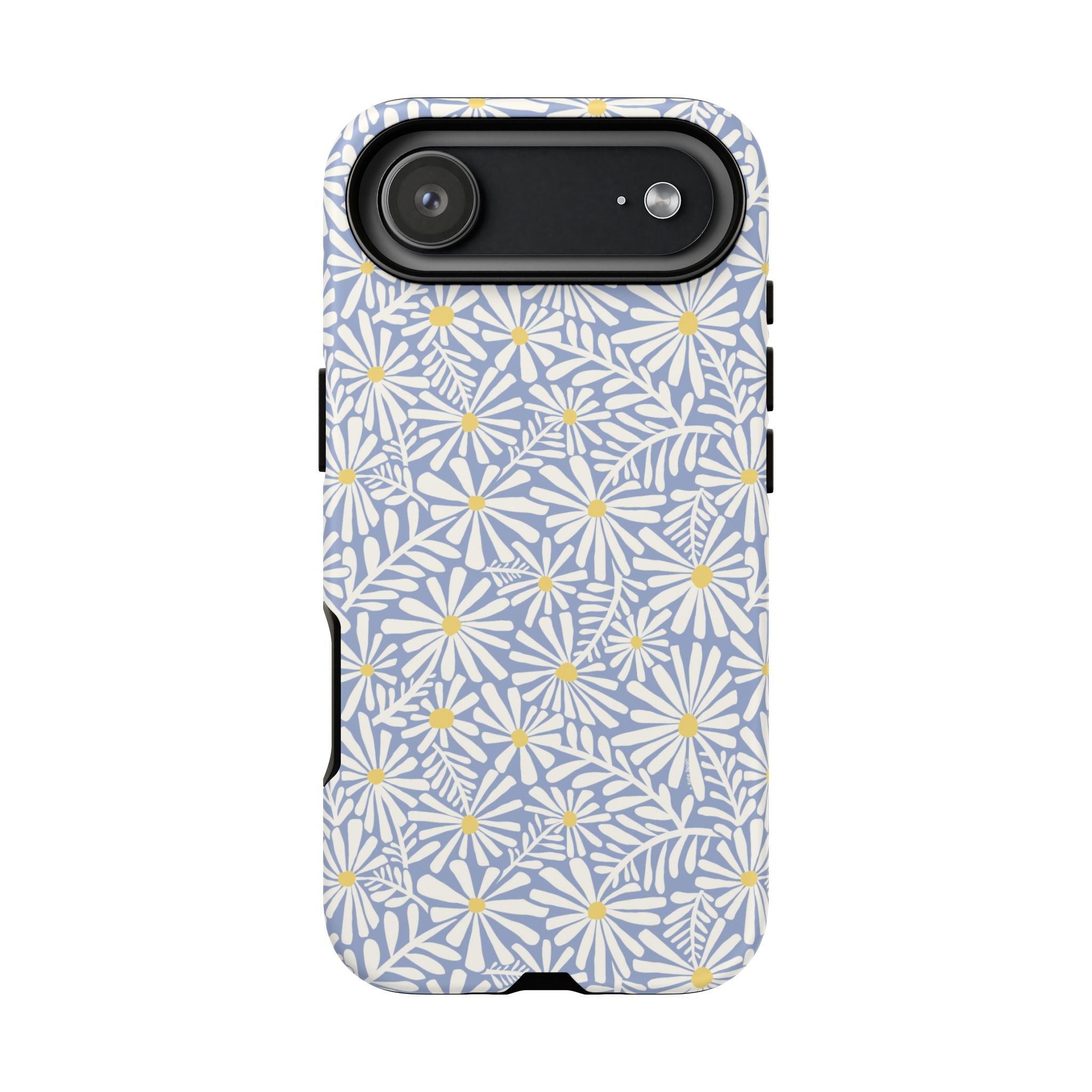 Montauk Daisy Cottage Blue iPhone 17 Pro Max Case – Matte | periwinkle blue, white graphic daisy and fern print, golden yellow centers | dual-layer protection