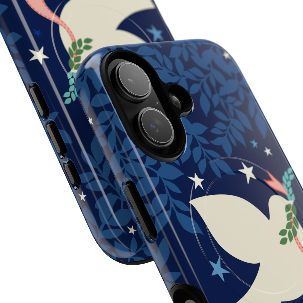Peace MagSafe iPhone Case – detail view of case, camera cutout and buttons | navy, cream peace dove, stars, botanical print